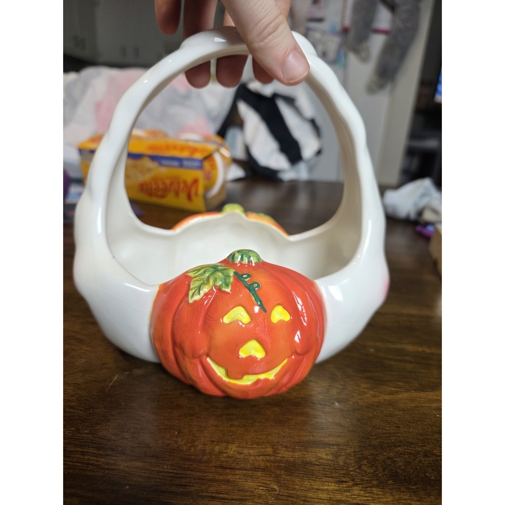 Vintage Ceramic Halloween Ghost Pumpkin Basket Candy Dish Jack O Lantern